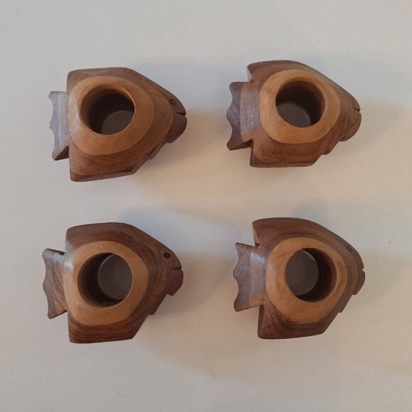 Wooden Fish Napkin Rings India Carved Eyes Faces Nautical Sea Beach Shore Island - Picture 7 of 7